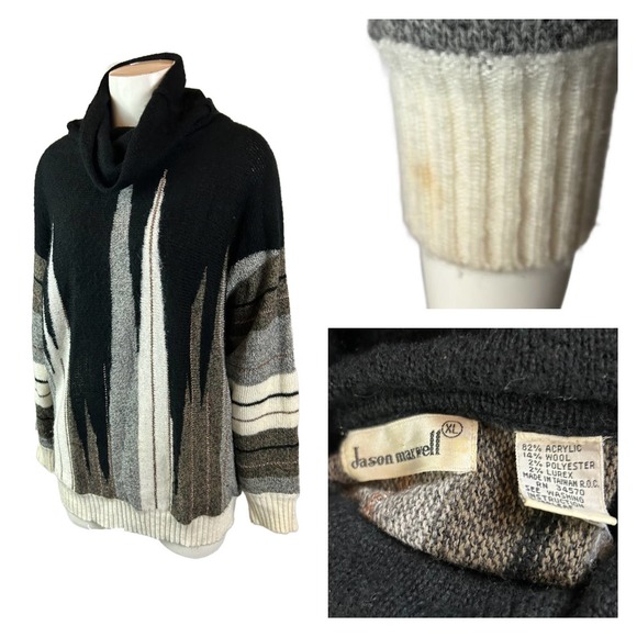 1980s Cowl Neck Semi Sheer Metallic Stripe Oversized Sweater / Women’s XL * - Picture 4 of 4